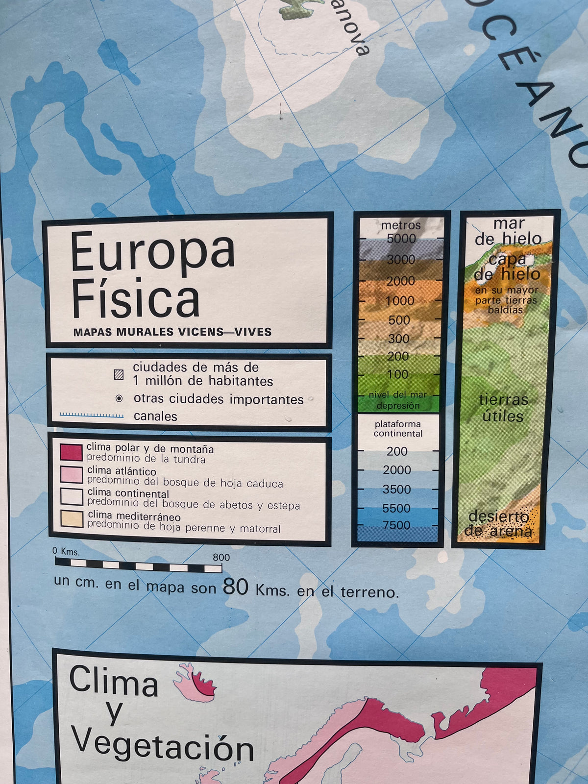 Mapa físico y político de Europa. Años 70.