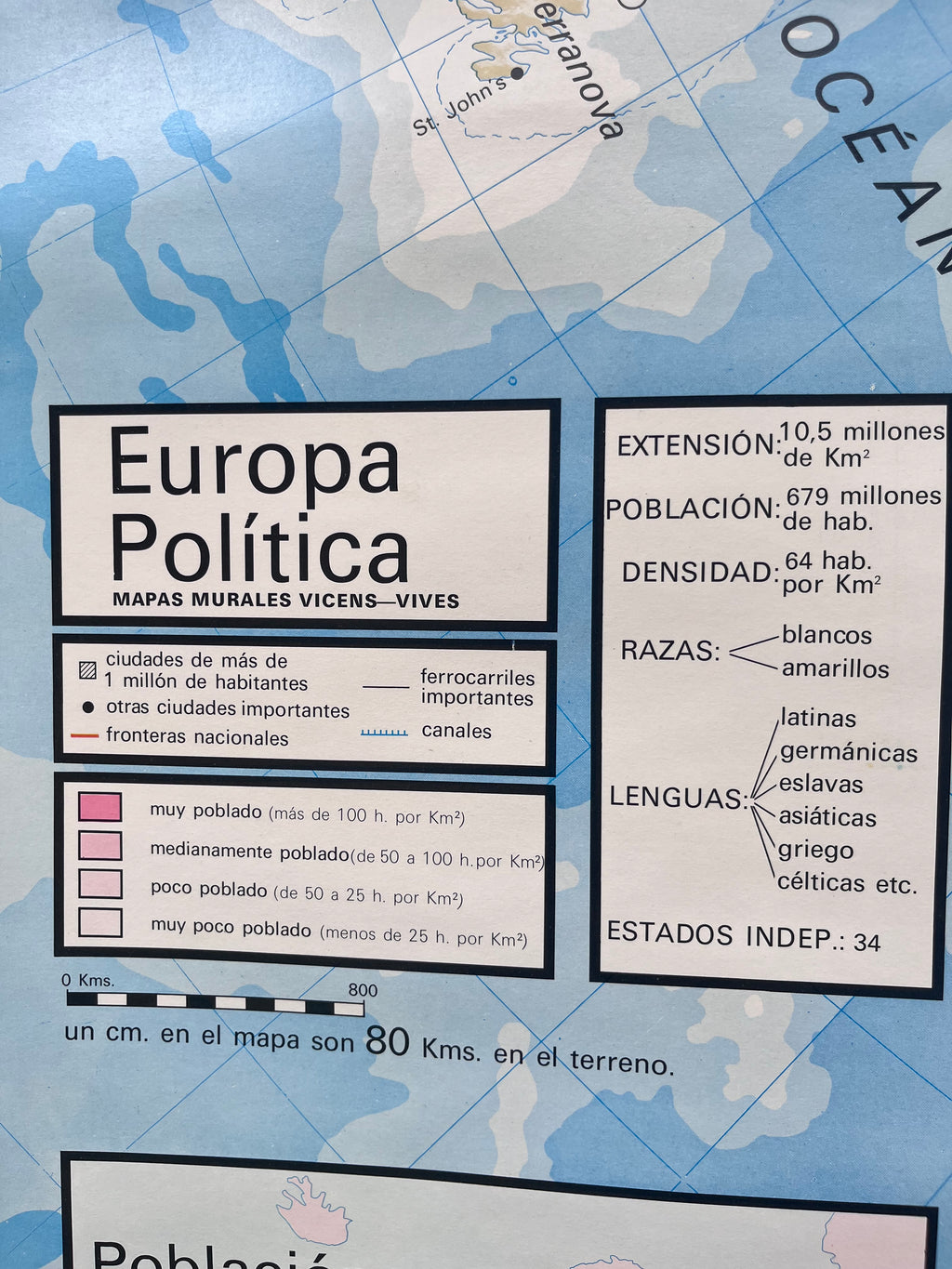 Mapa físico y político de Europa. Años 70.